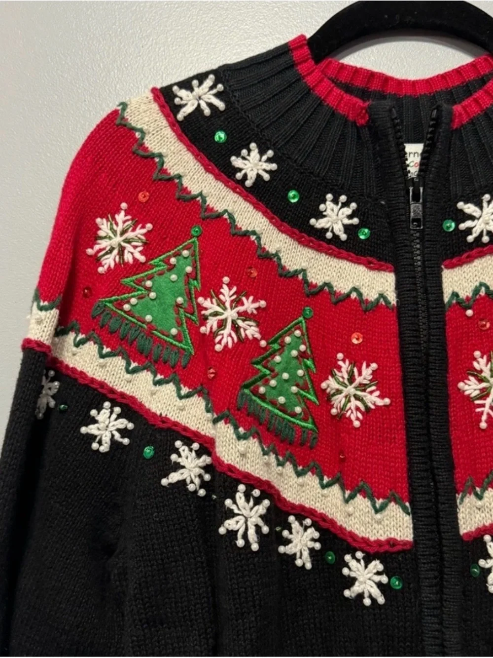 Women Red Holiday Christmas Snowflake & Tree Knit Cardigan ASO Halloween Movie